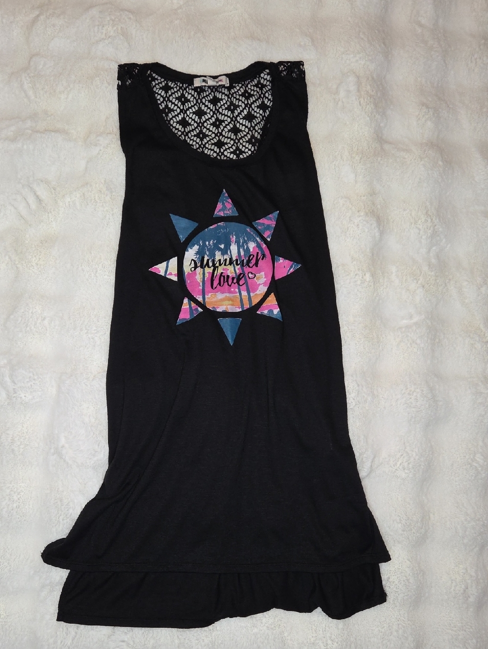 Miken Black Lace Overlay Tank/Cover-up with Multicolor Logo Detail